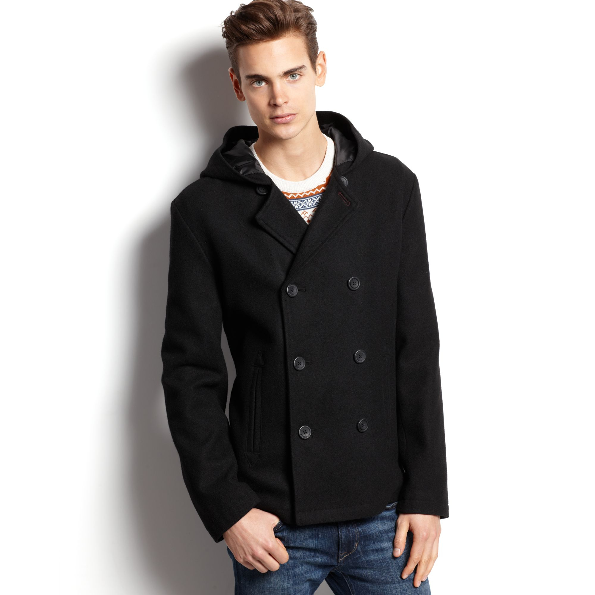 American Rag Hooded Pea Coat in Black for Men | Lyst