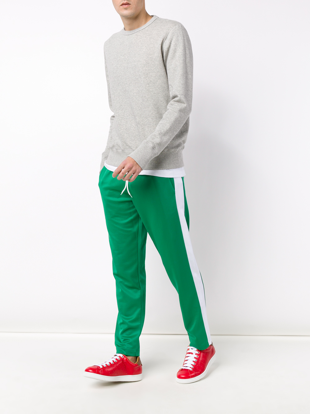 men's green track pants with red stripe