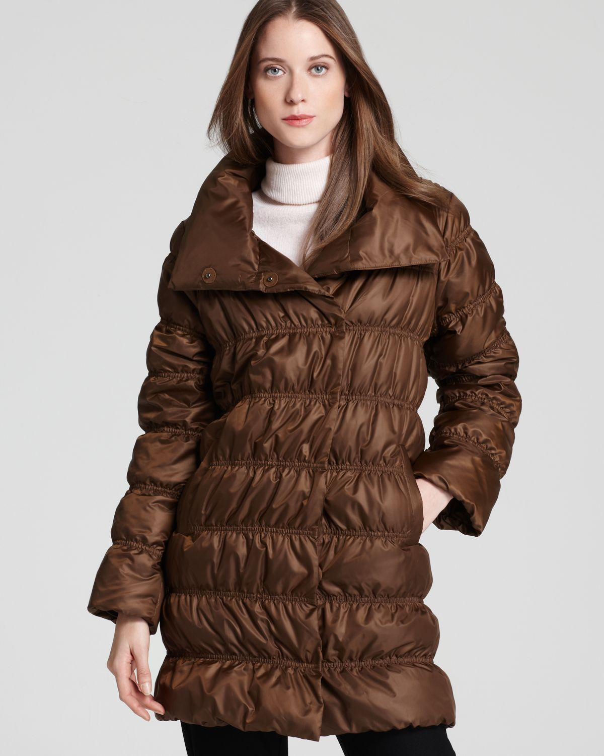 eileen fisher stand collar down coat