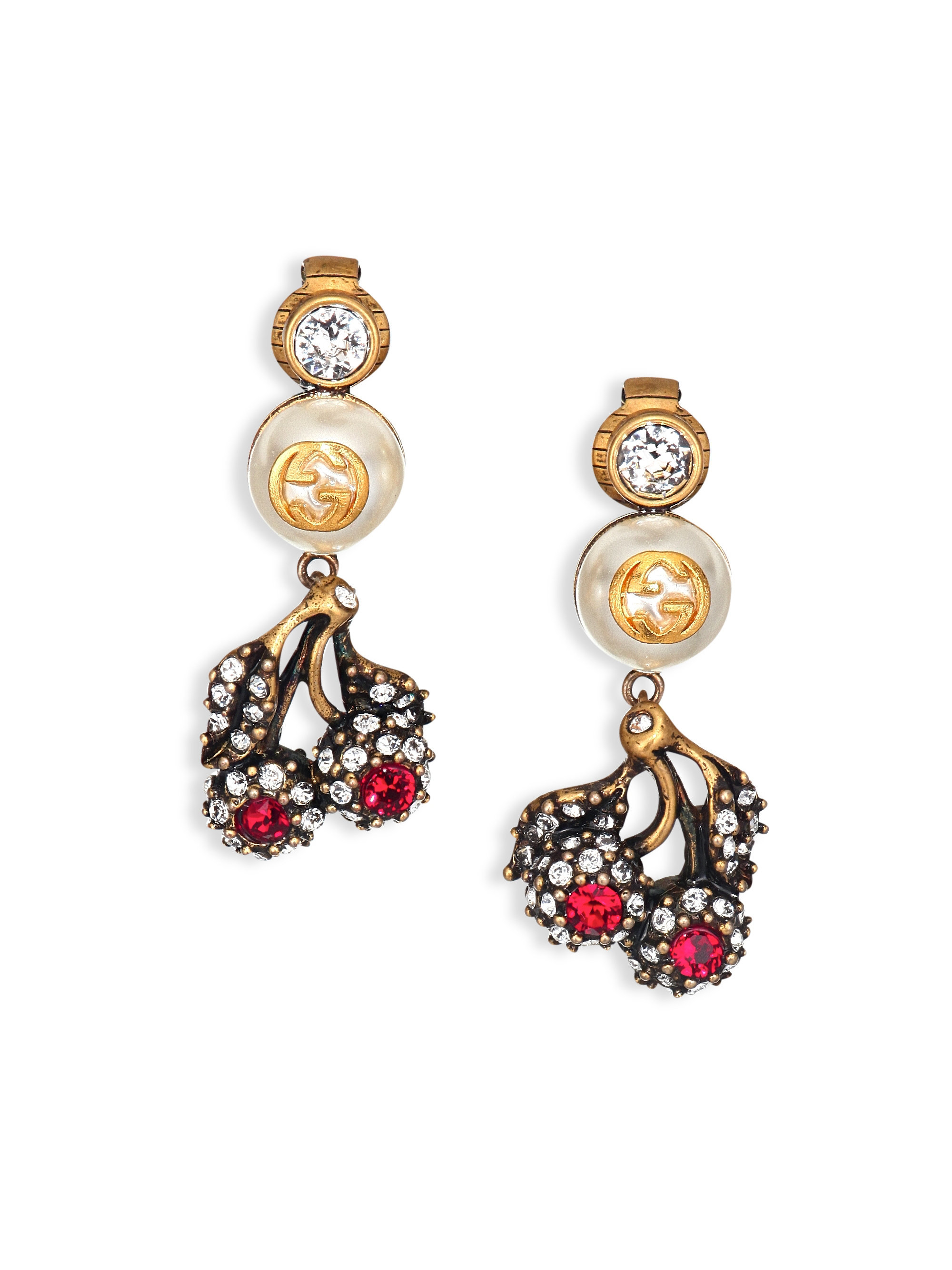 Gucci Floral Crystal & Faux Pearl Clipon Drop Earrings in Multicolor