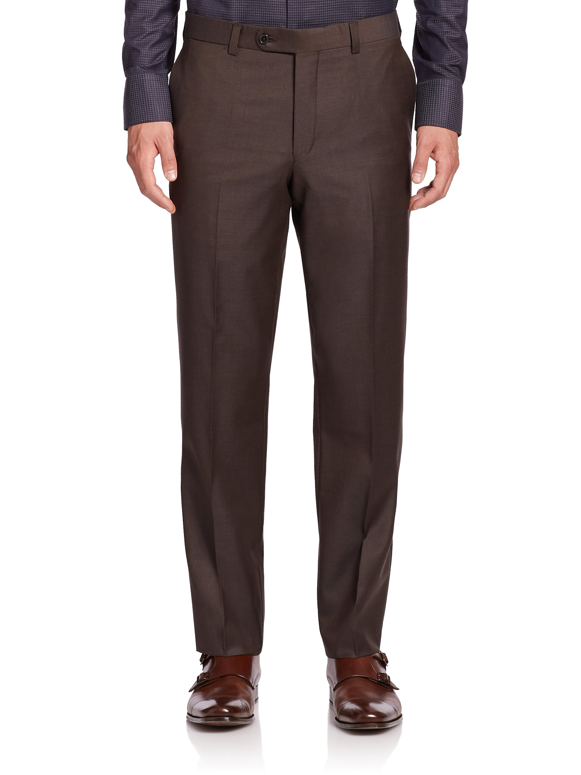 Saks fifth avenue Wool Flat-front Pants in Brown for Men | Lyst