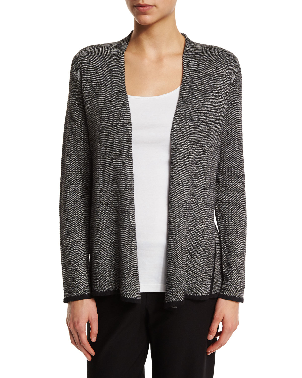 Eileen Fisher Herringbone Peplum Cardigan in Black Lyst