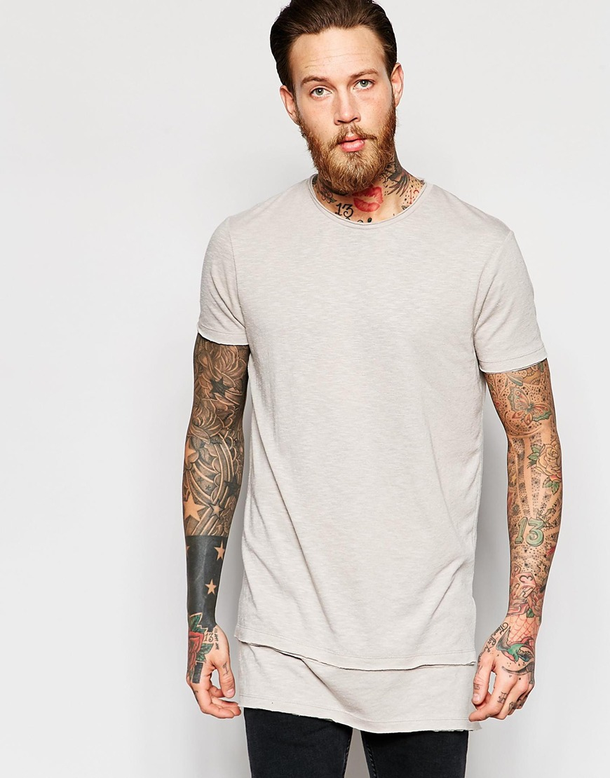 ASOS Super Longline T-shirt With Double Layer Hem And Raw Edge in Natural  for Men | Lyst
