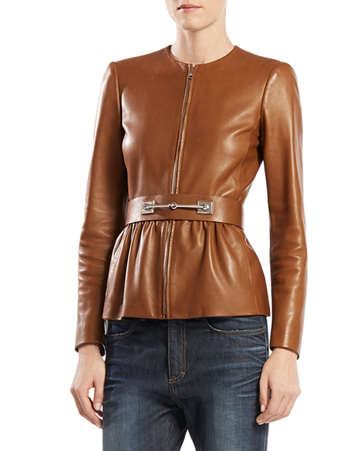 Lyst - Gucci Belted Leather Jacket in Brown