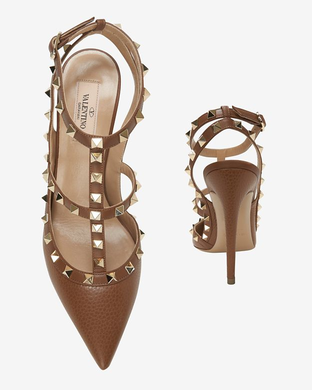 Valentino Rockstud Pebbled Leather Cage Pump: Tan in Brown - Lyst