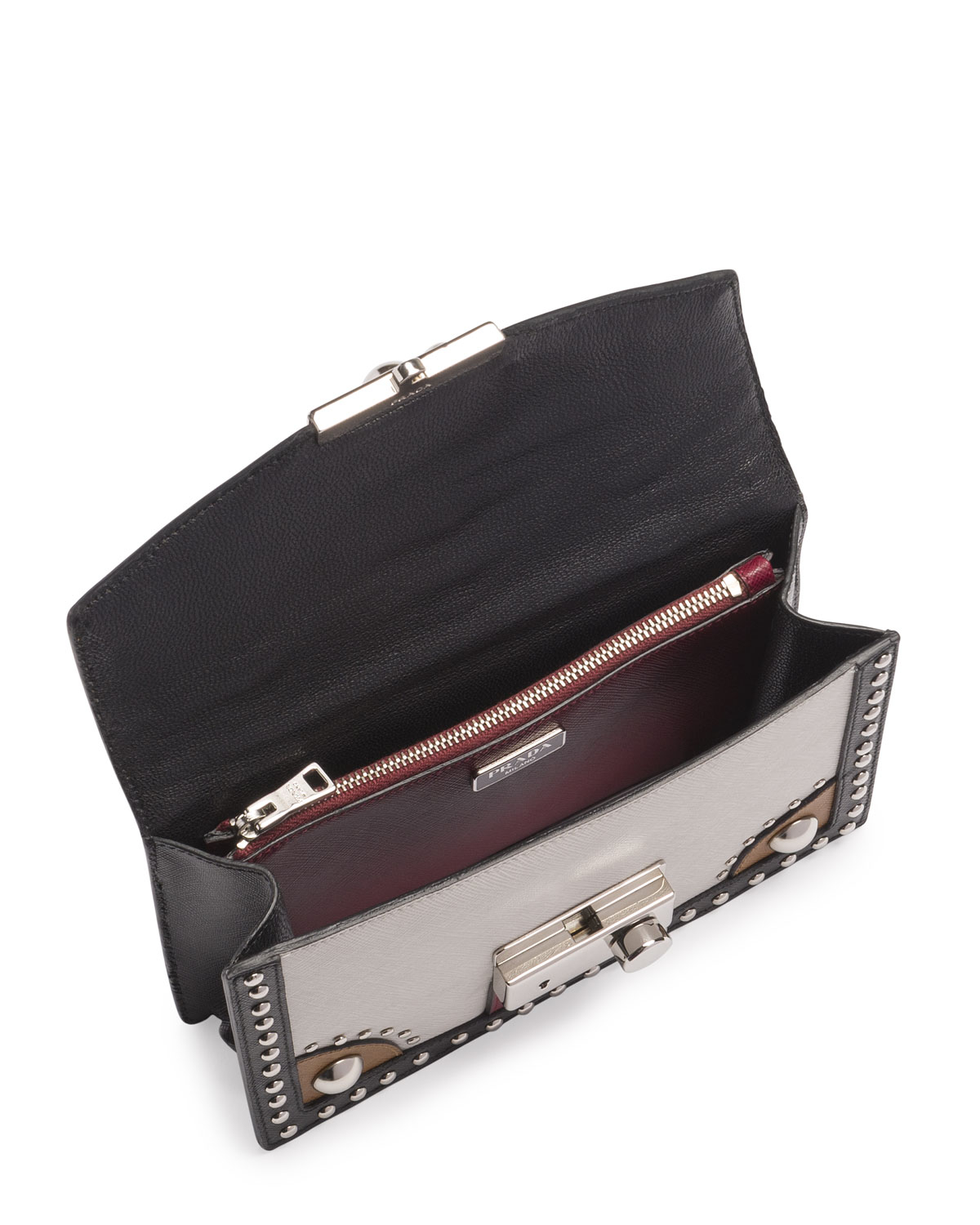 Prada Tricolor Studded Saffiano Sound Bag in Brown (Brown/Red ...
