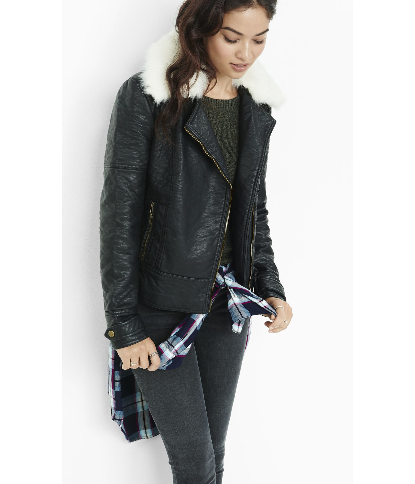 Express Removable Faux Fur Collar Biker Jacket In Black Lyst Gallery