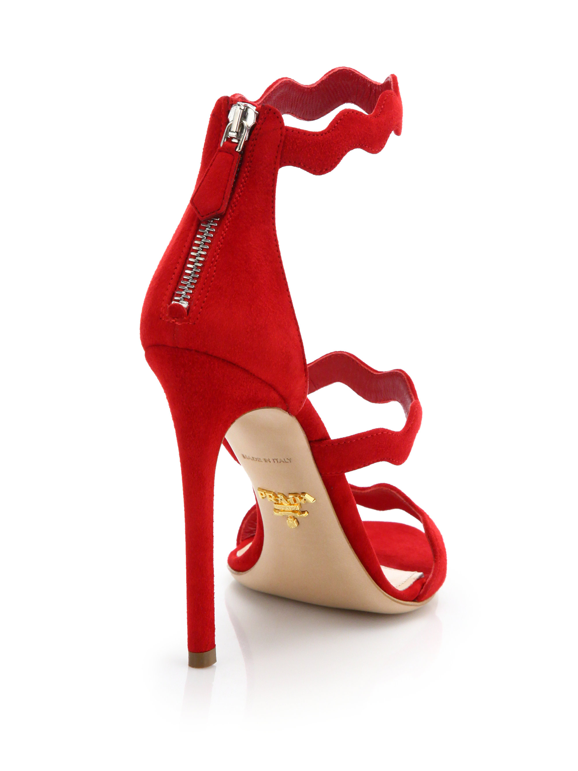 Prada Scalloped Suede Sandals in Red - Lyst