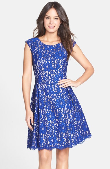 blue lace fit and flare dress