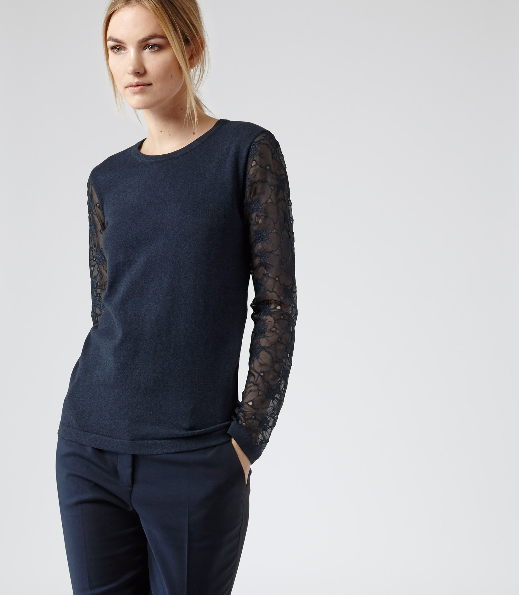 Lyst - Reiss Flora Lace Sleeve Jumper in Blue