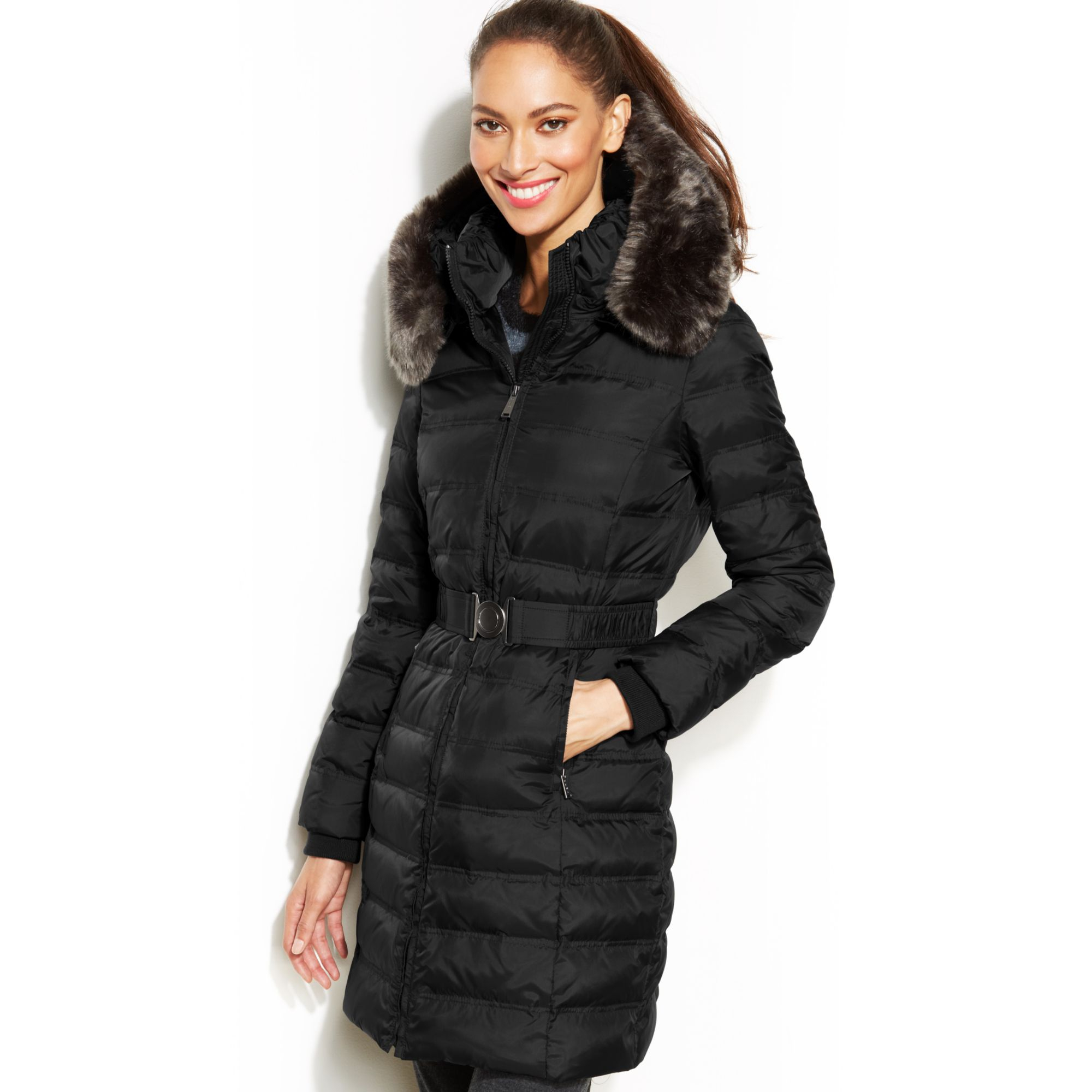 Dkny Hooded Faux-Fur-Trim Belted Down Puffer Coat in Black | Lyst