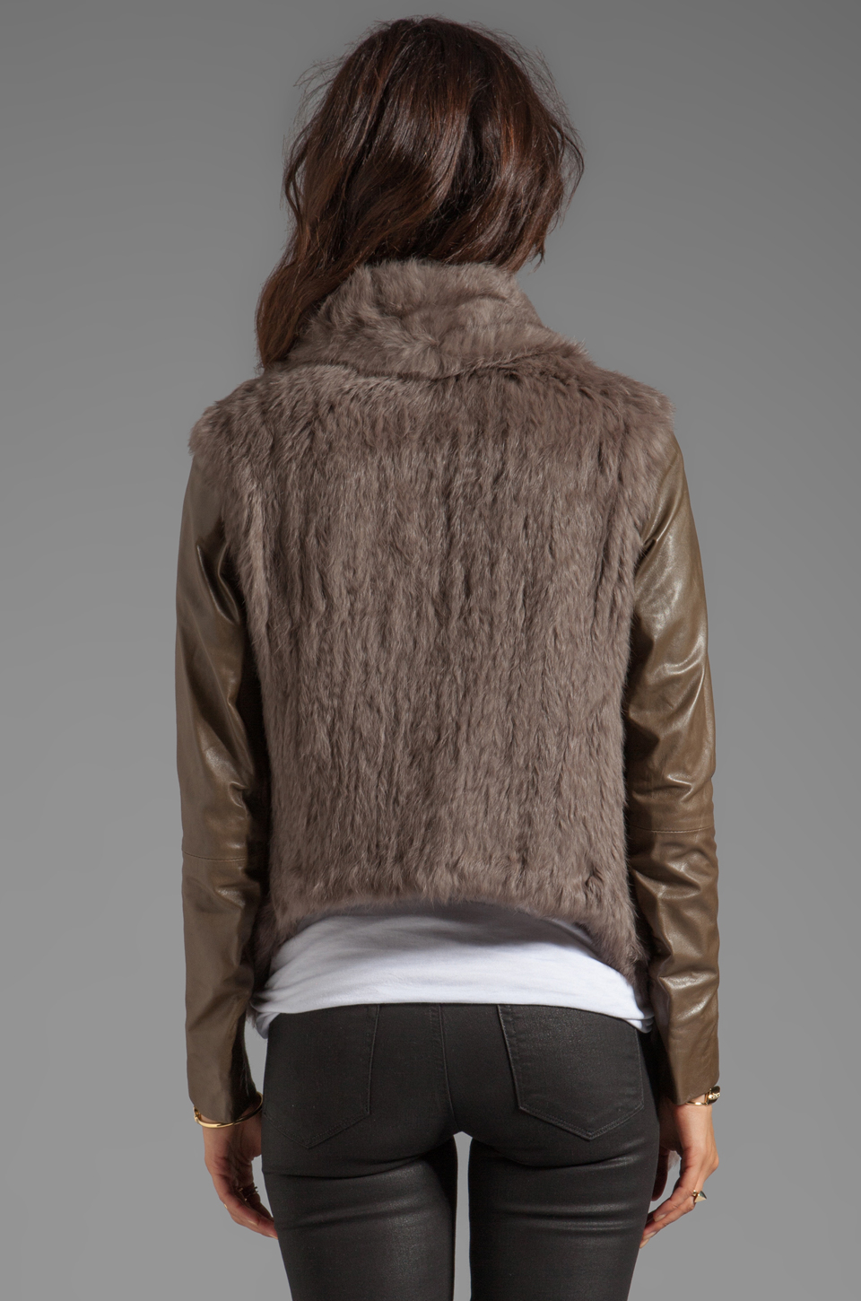 Lyst June Knit Fur Jacket with Leather Sleeves in Taupe in Brown