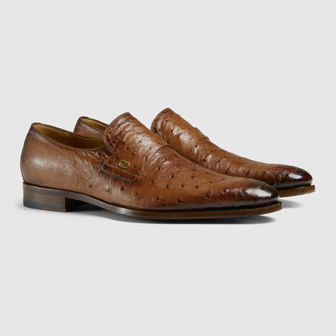 Gucci Leather Ostrich Loafer in Brown 