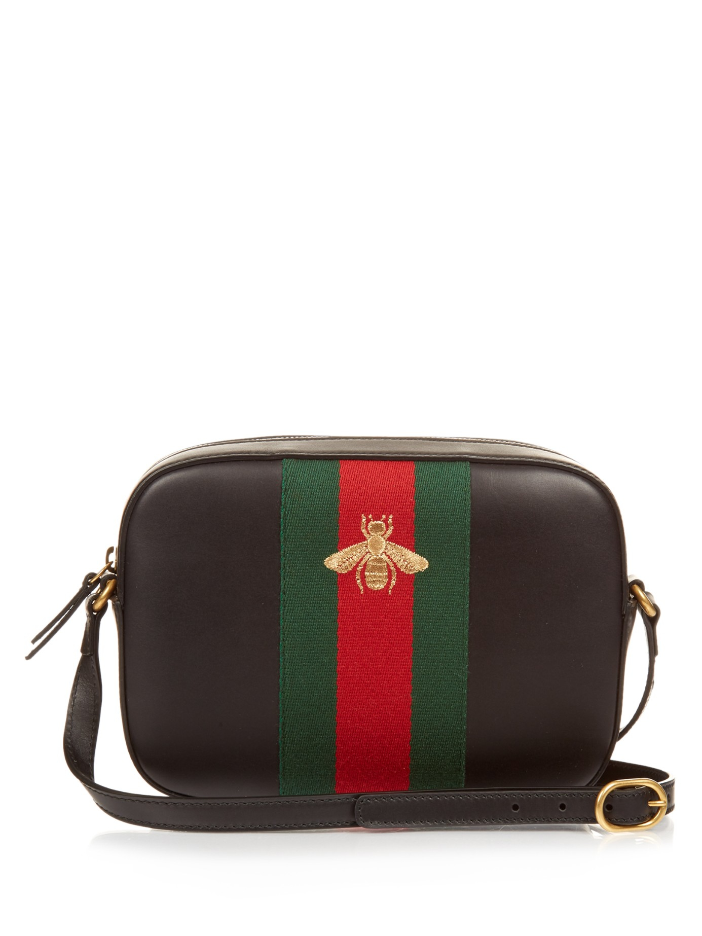 Gucci Line Bee-Embroidered Leather Cross-Body Bag in Brown