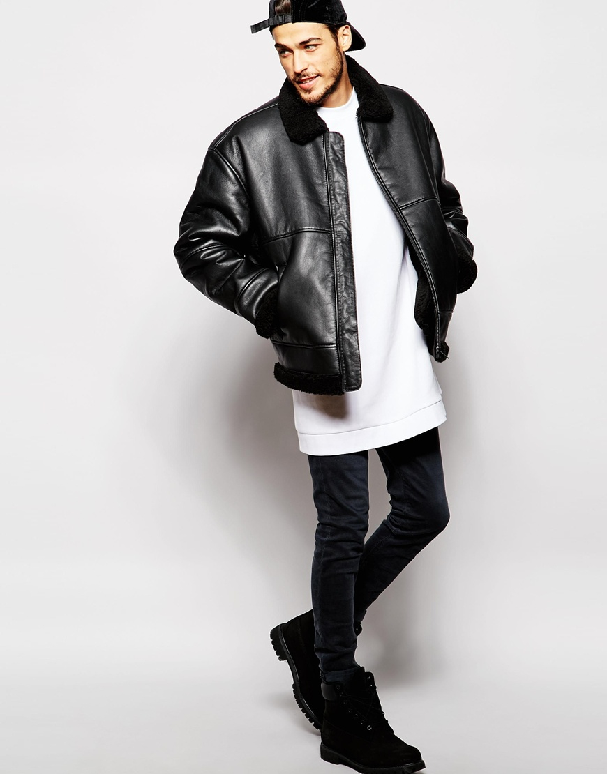 Weekday Shearling Leather Jacket Oversized in Black for Men - Lyst