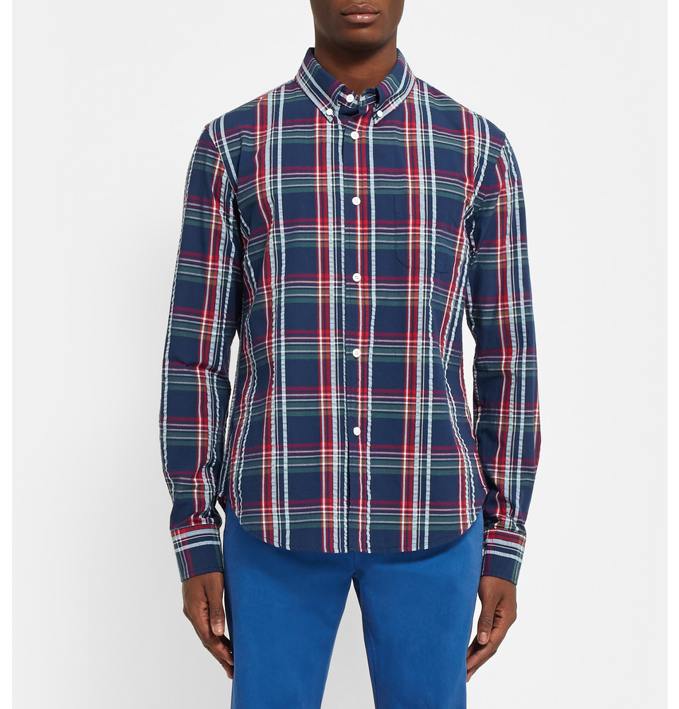 Band of outsiders Madras-Check Seersucker Cotton Shirt in Blue for Men ...