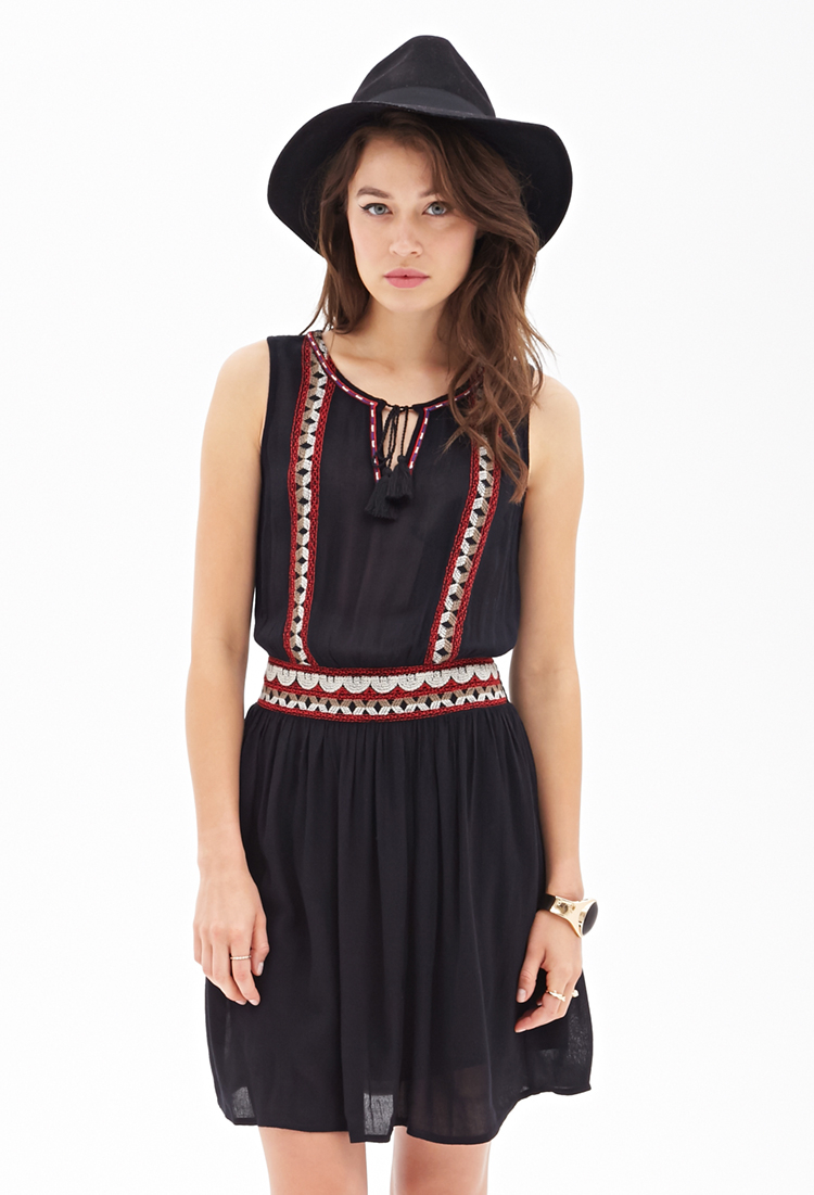Love 21 Embroidered Gauze Peasant Dress in Red (Black/red) Lyst