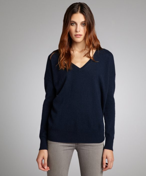 Autumn cashmere Navy Cashmere V-neck Boyfriend Sweater in Blue | Lyst