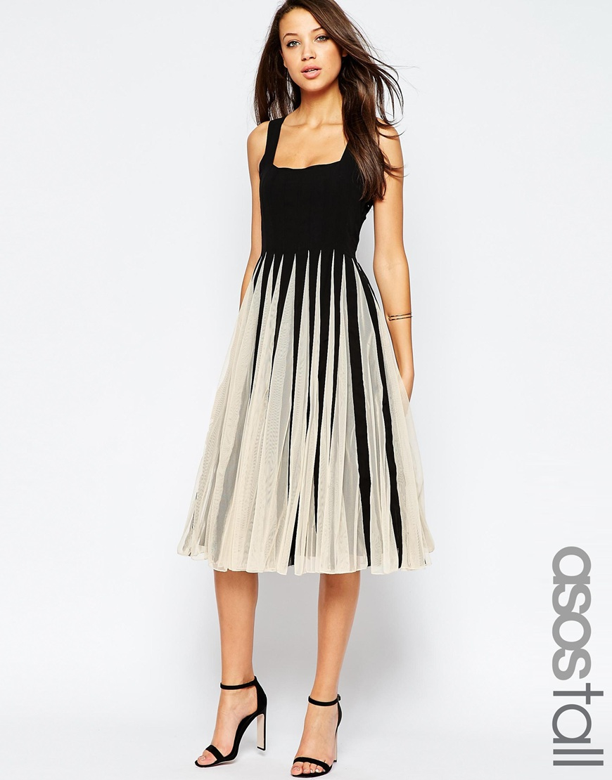 ASOS Mesh Insert Square Neck Fit And Flare Midi Dress in Black | Lyst