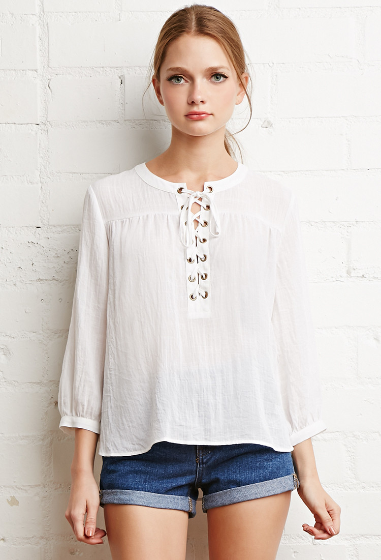 Lyst - Forever 21 Lace-up Peasant Top in White