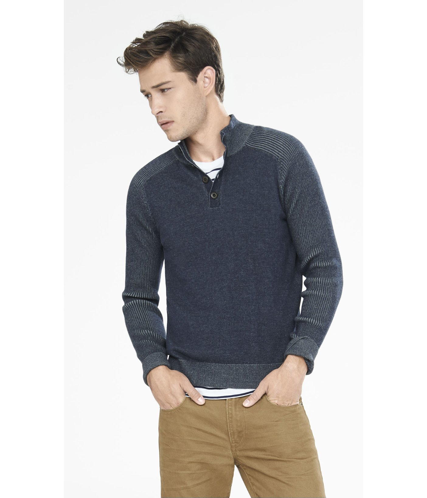 Download Express Button Mock Neck Plaited Sweater in Blue for Men ...