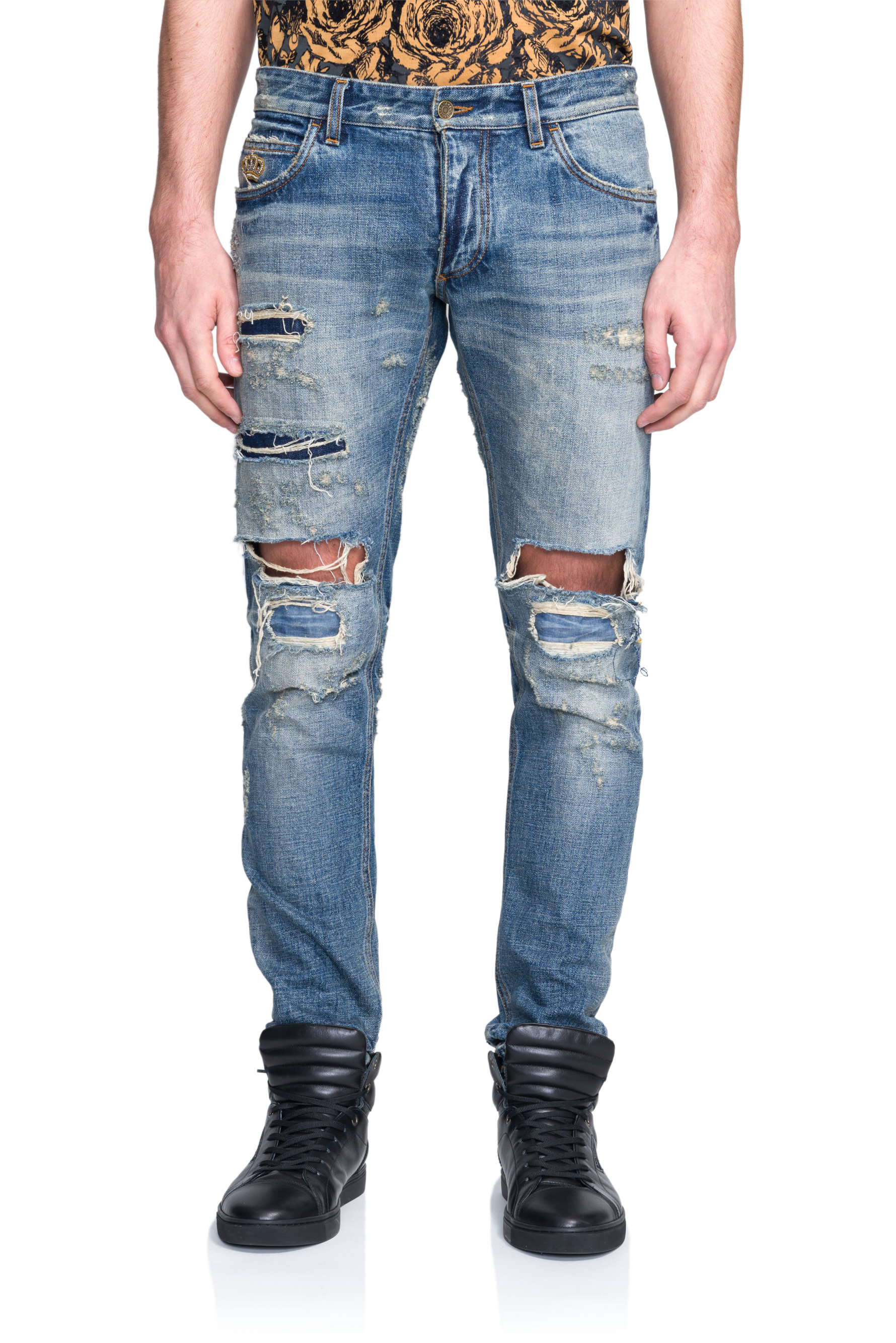 Lyst - Dolce & Gabbana Distressed Crown Patch Denim Jeans in Blue for Men