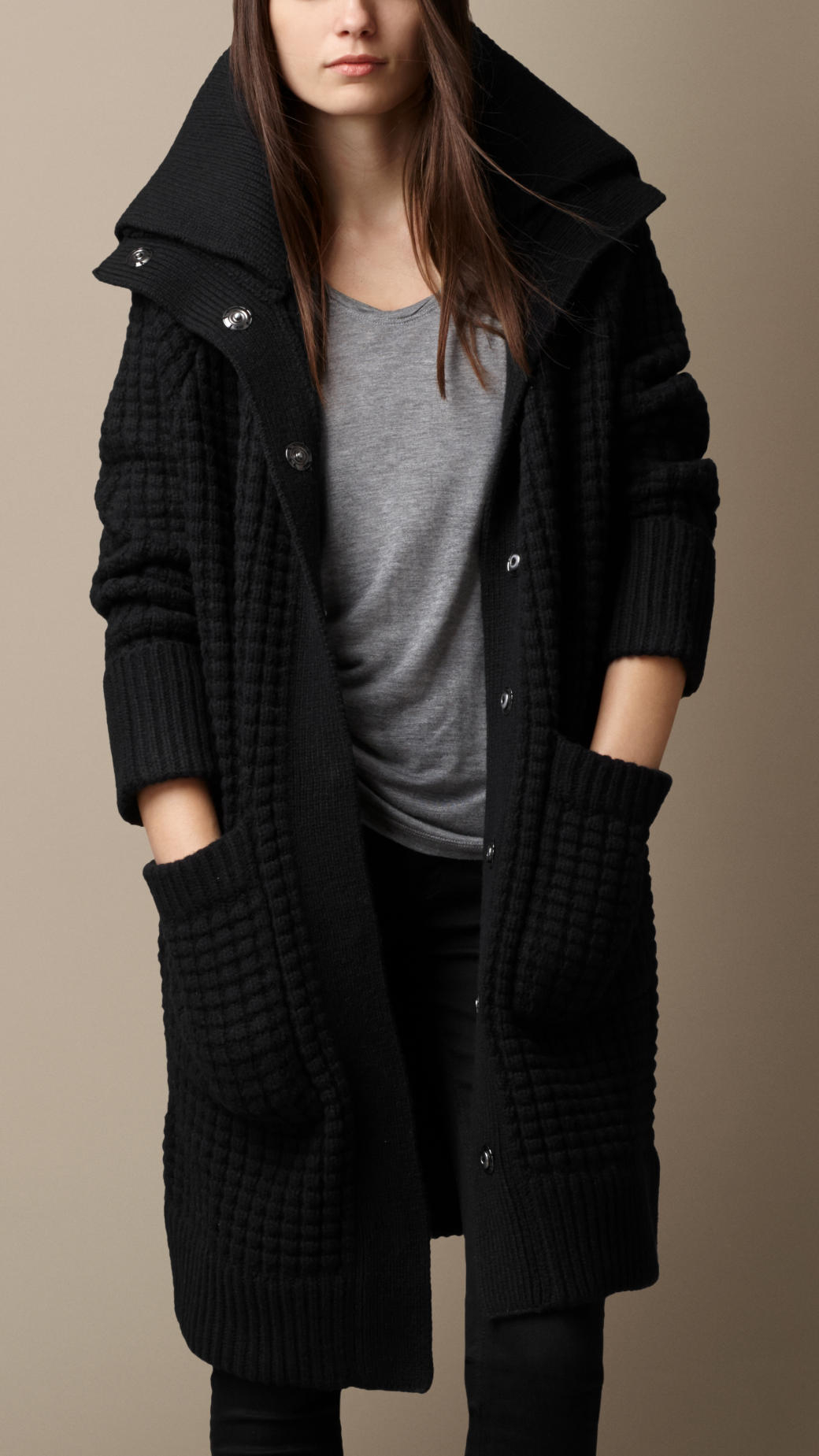 Burberry Wool Cashmere Knit Cardigan Coat in Black | Lyst