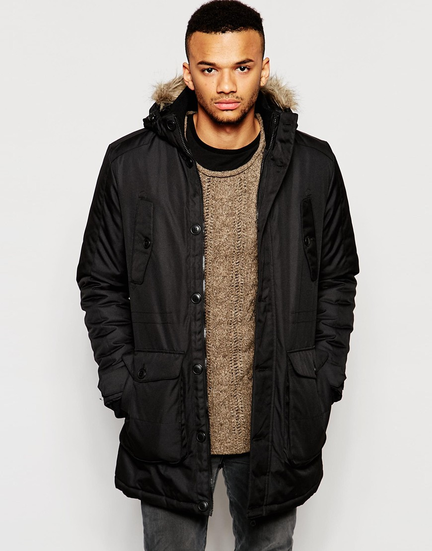 Jack  jones Parka With Faux Fur Hood in Black for Men  Lyst