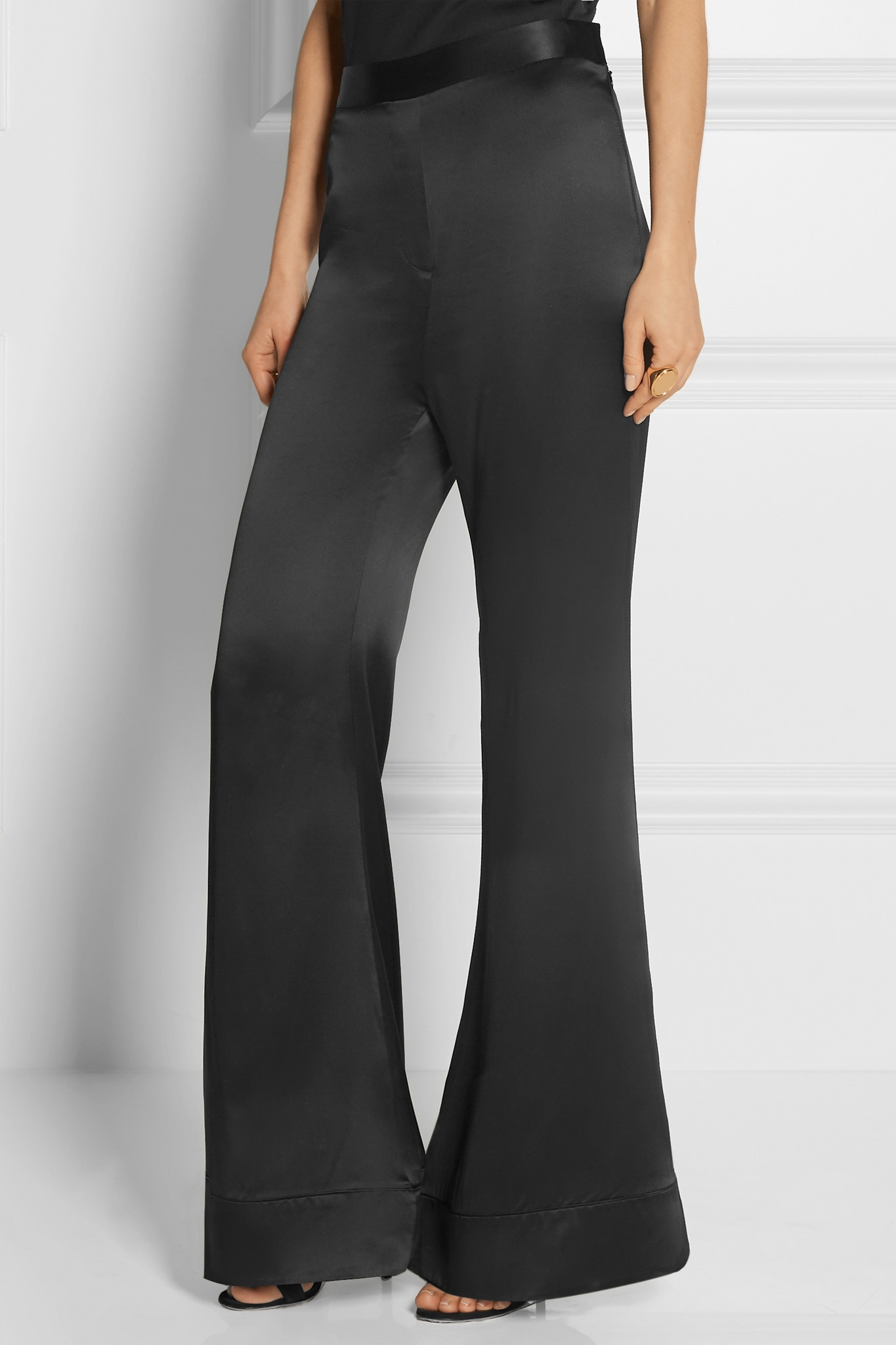 black satin flared trousers