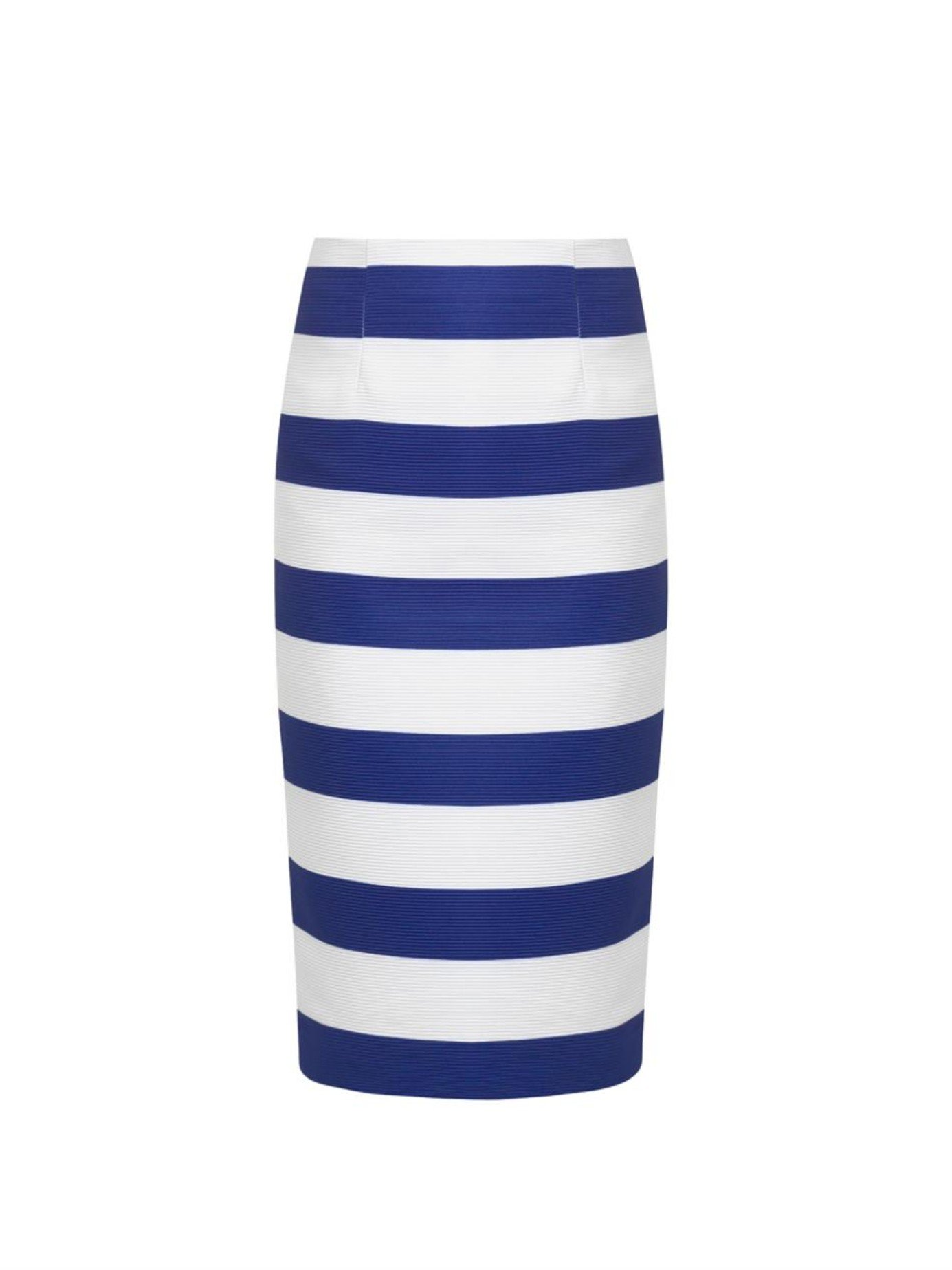 Blue and white striped pencil skirt Try it on with white tee tucked in blue-white striped high-rise pencil skirt: A perfect weekends match! Go for pale turquoise cropped sleeveless top and pair it with black and white striped flared skirt.