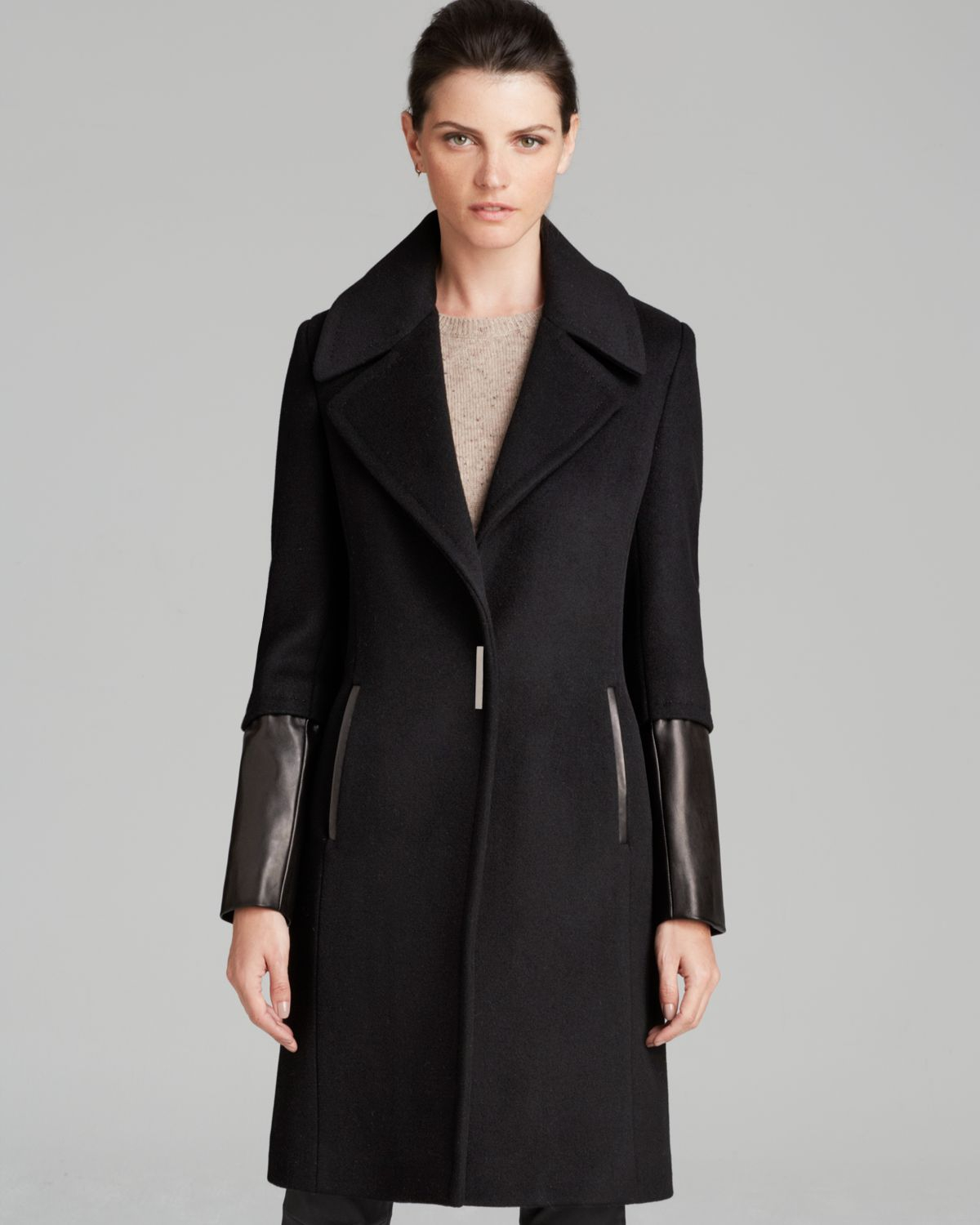 Elie Tahari Coat - Dawnson Leather Sleeve in Black - Lyst