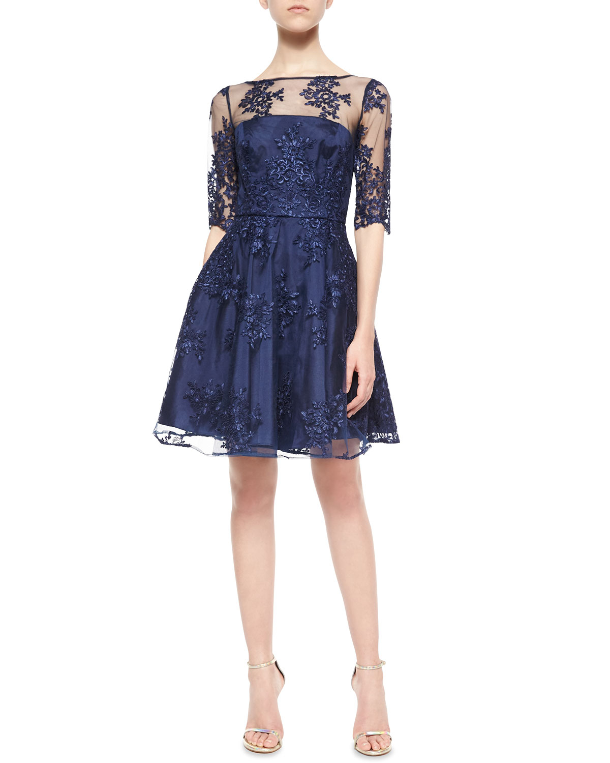 Lyst Ml Monique Lhuillier 1 2 Sleeve Lace Illusion Tail Dress Gallery