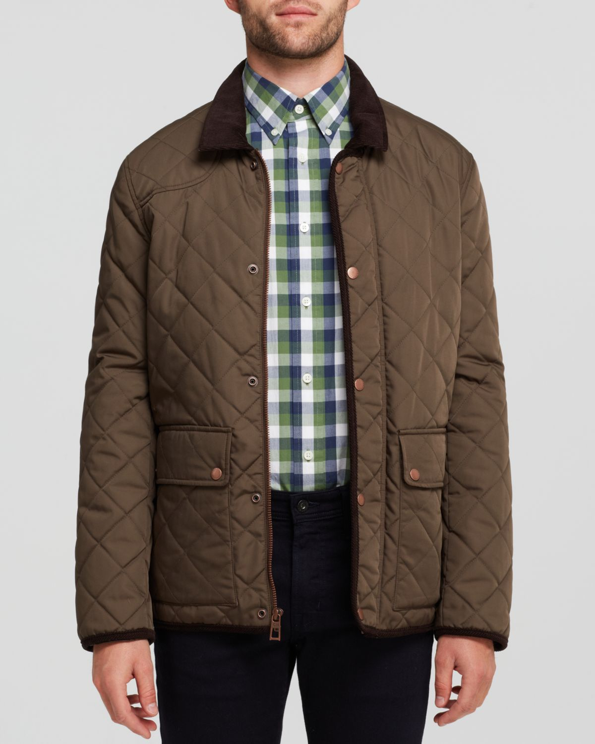 Cole Haan Men's Quilted Nylon Barn Jacket with Corduroy Details 