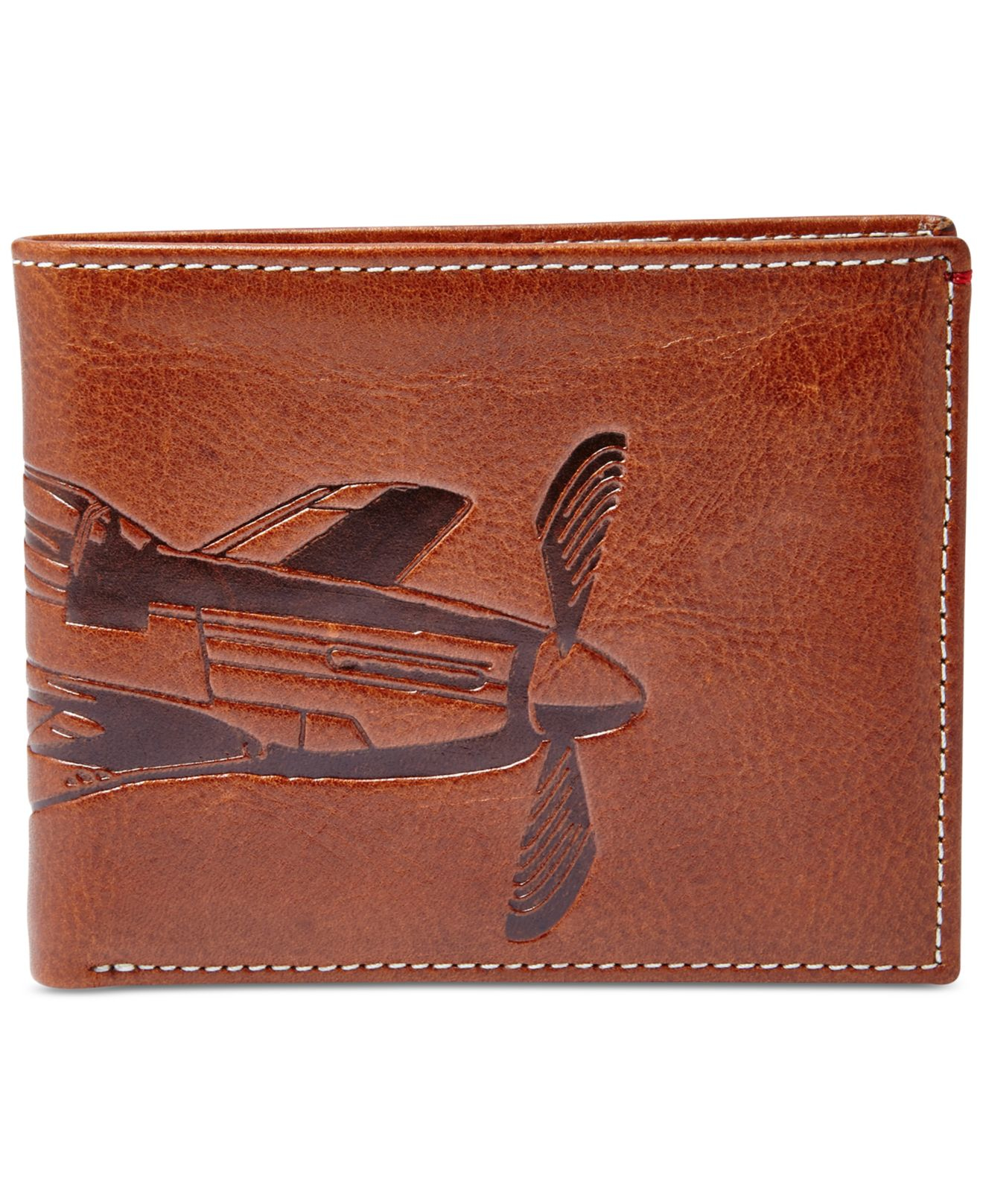 Fossil Men Cognac Plane Embossed Leather Axel Bifold Wallet