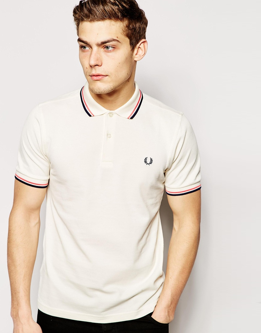 Fred Perry Polo Shirt With Twin Tip Slim Fit In Natural For Men Lyst