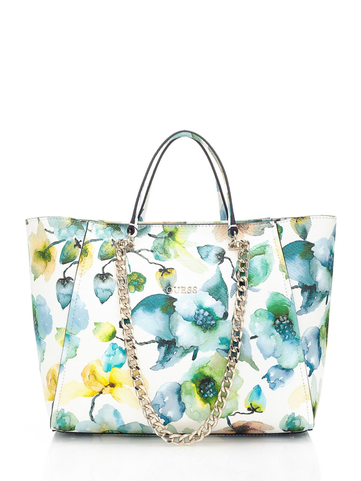 Guess Nikki Fl Chain Tote Bag In Blue Lyst Gallery