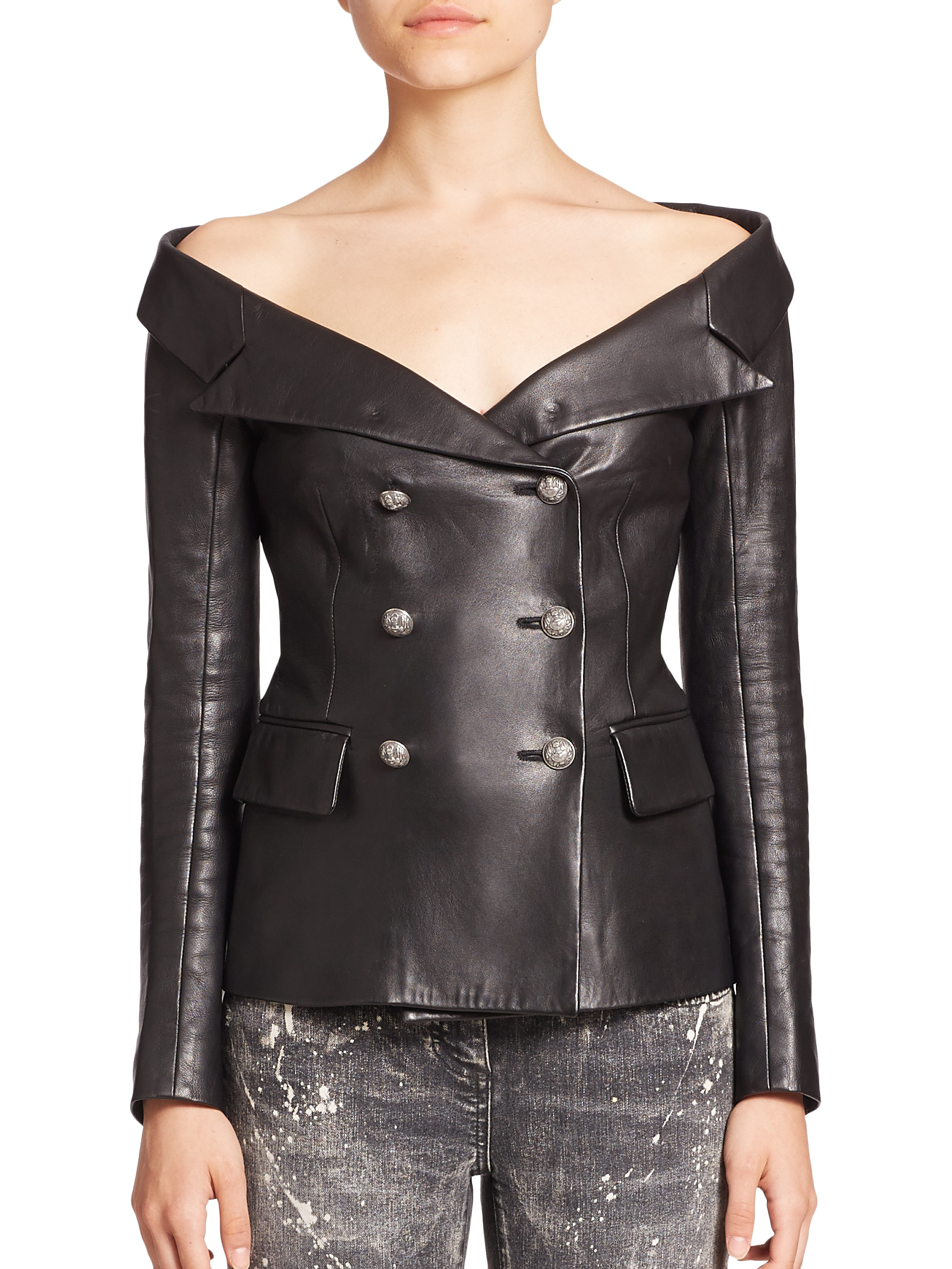 leather off shoulder jacket