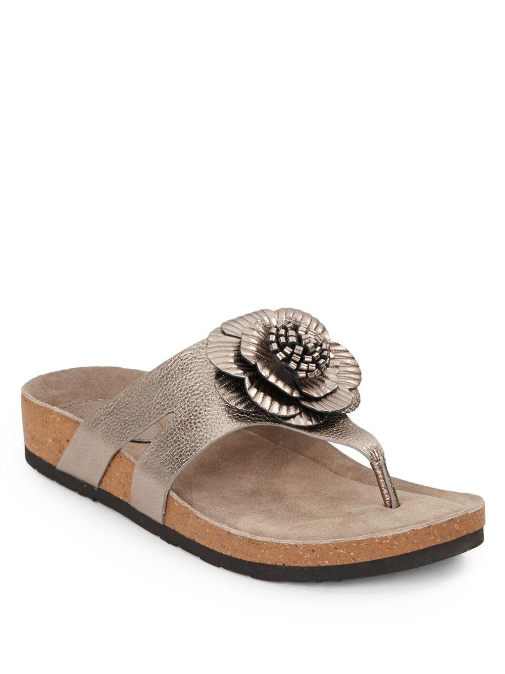 Gray Beda Metallic Leather Floral Thong Sandals