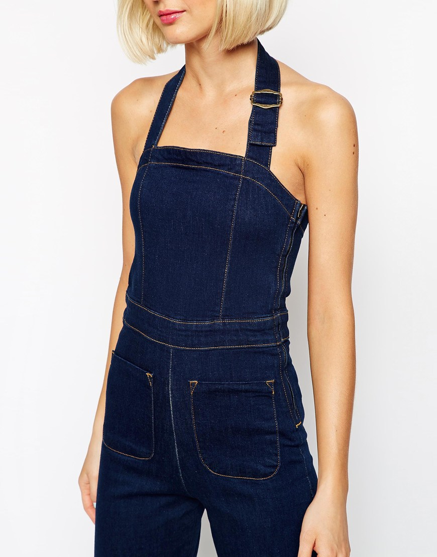 ASOS Denim Flare Dungaree In Clean Indigo in Blue - Lyst