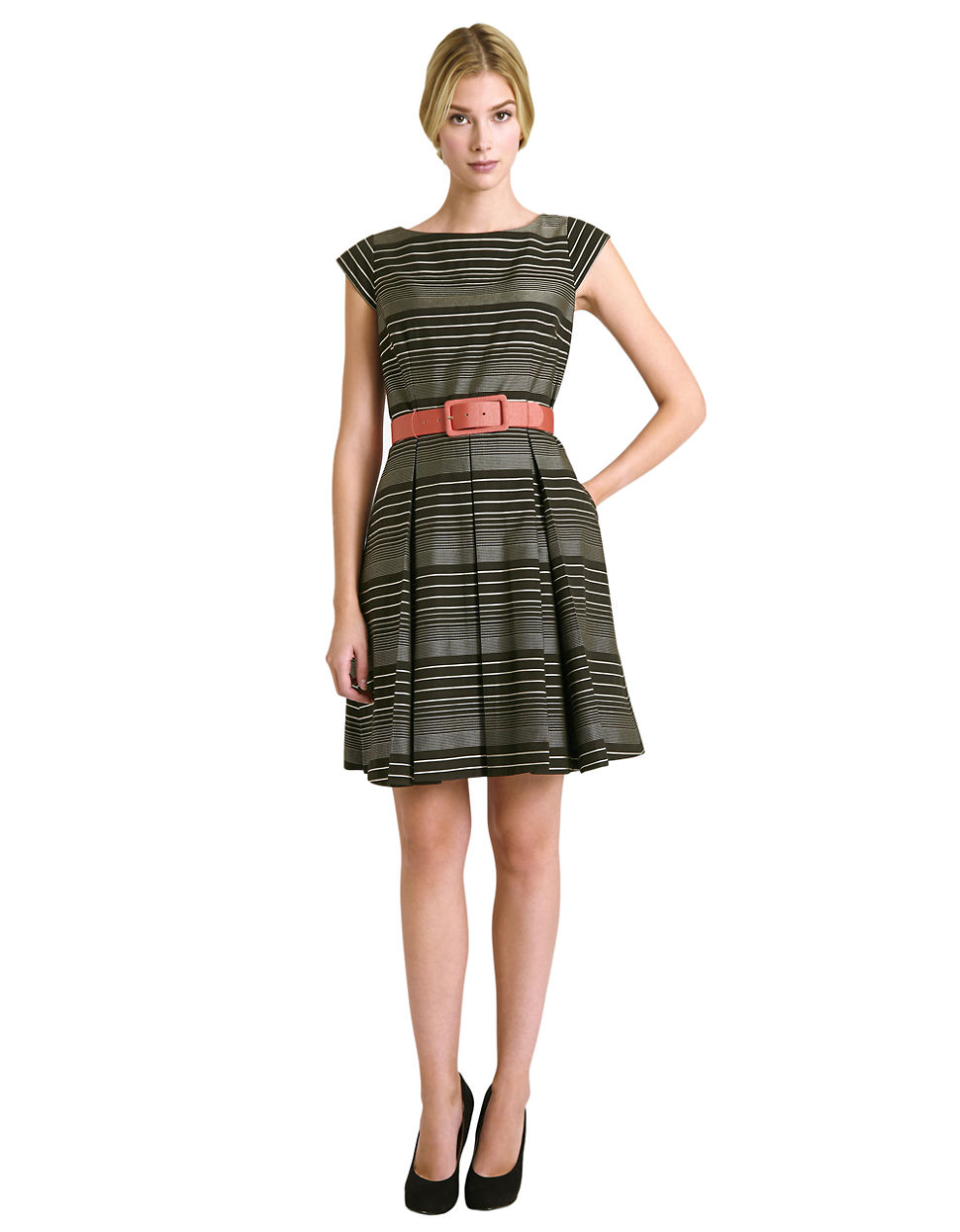 Tahari by arthur s. levine Belted Stripe Fit And Flare Dress in Black ...