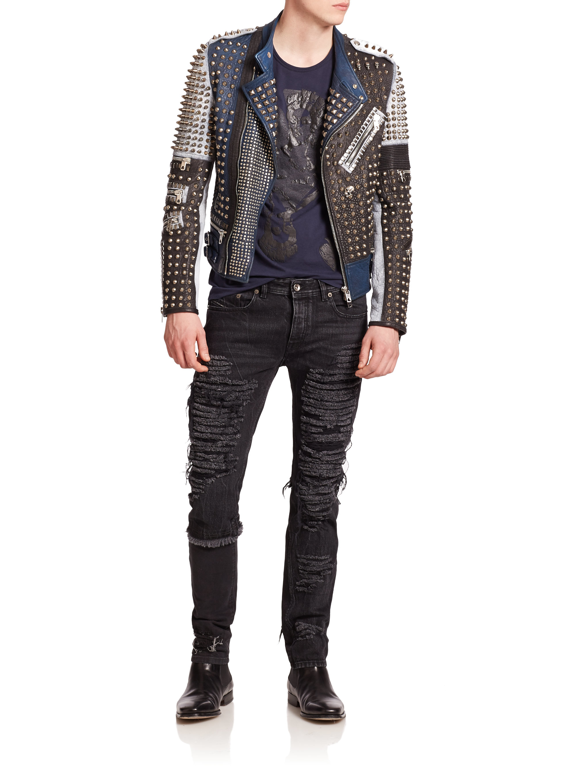 Lyst Diesel Black Gold Lustice Studded Leather Jacket In Black For Men