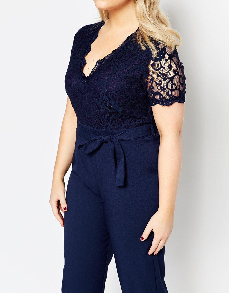 Club L Plus Size Jumpsuit With Scallop Lace Top in Navy (Blue) | Lyst