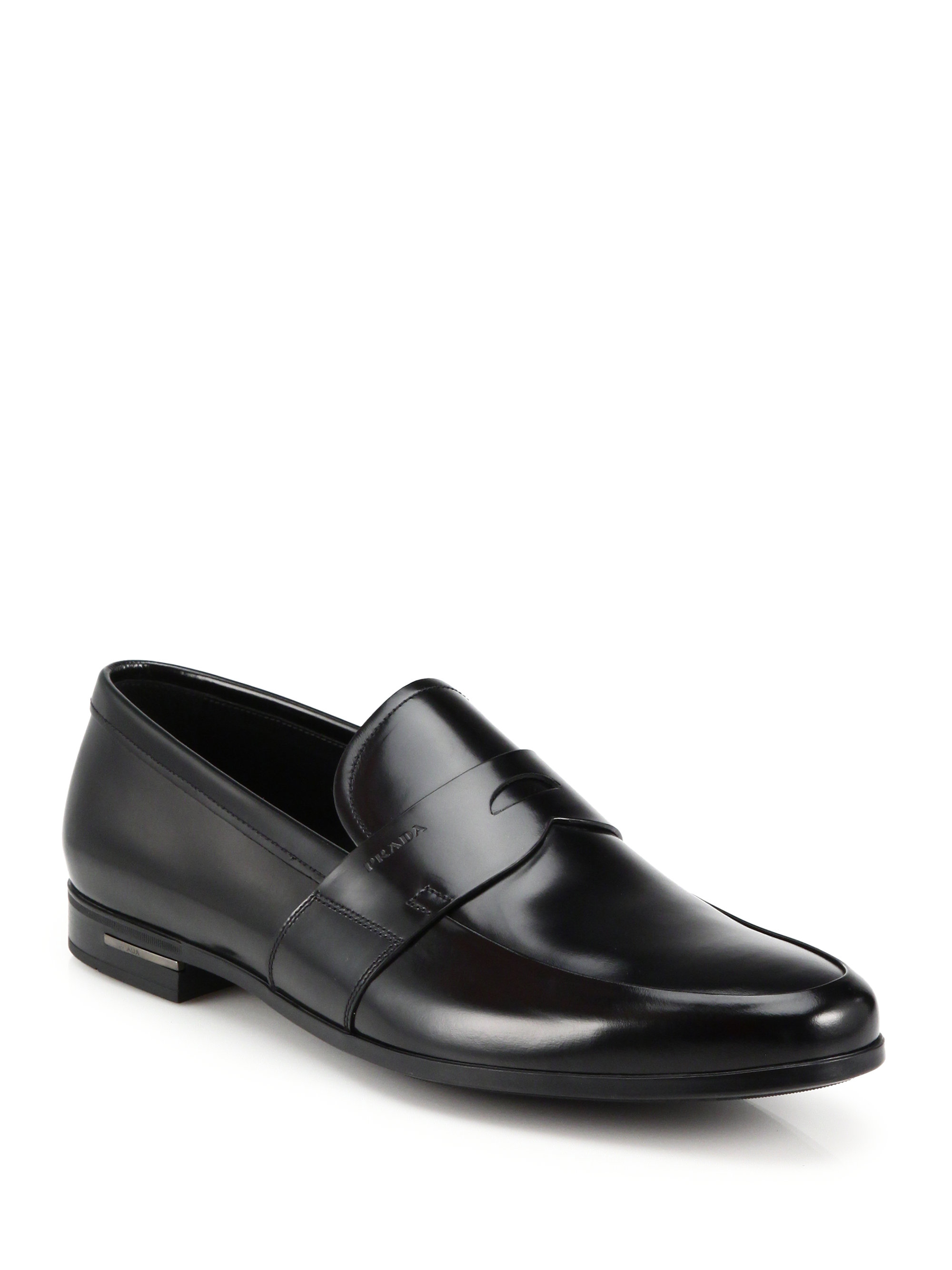 Prada Spazzolato Leather Penny Loafers in Black for Men - Lyst