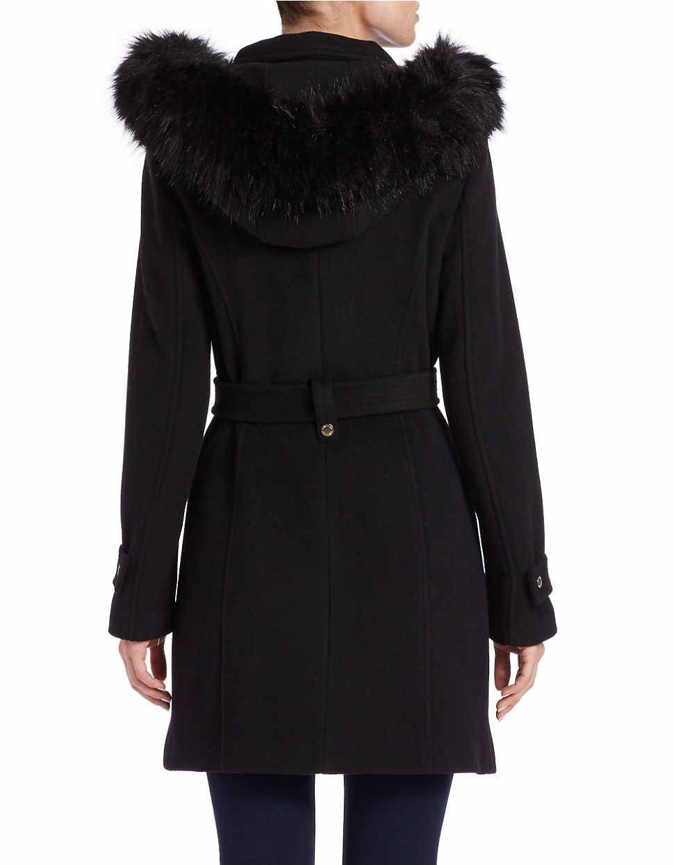 Lyst - Calvin klein Faux Fur-trimmed Belted Coat in Black