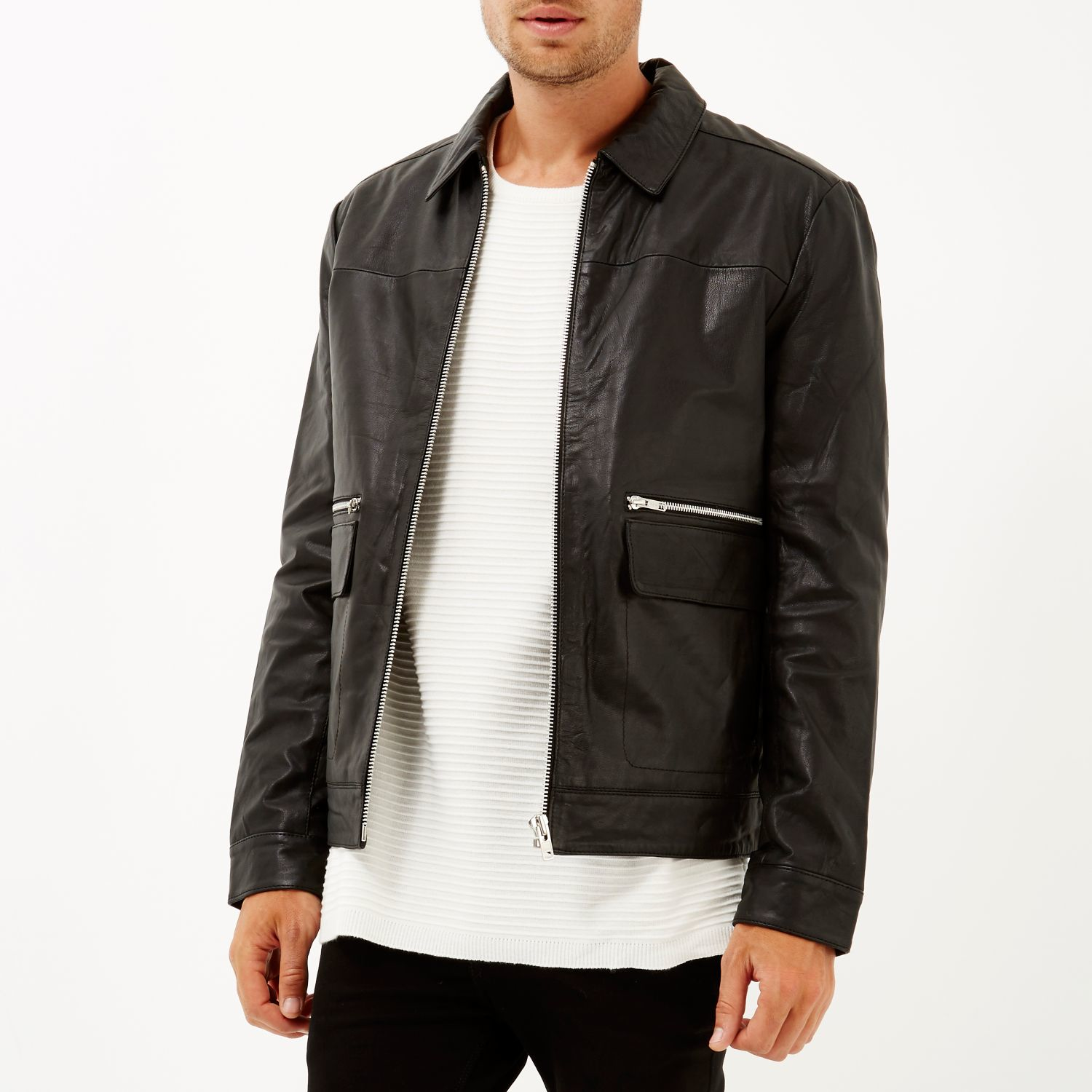 Download River Island Black Leather Harrington Jacket for Men - Lyst