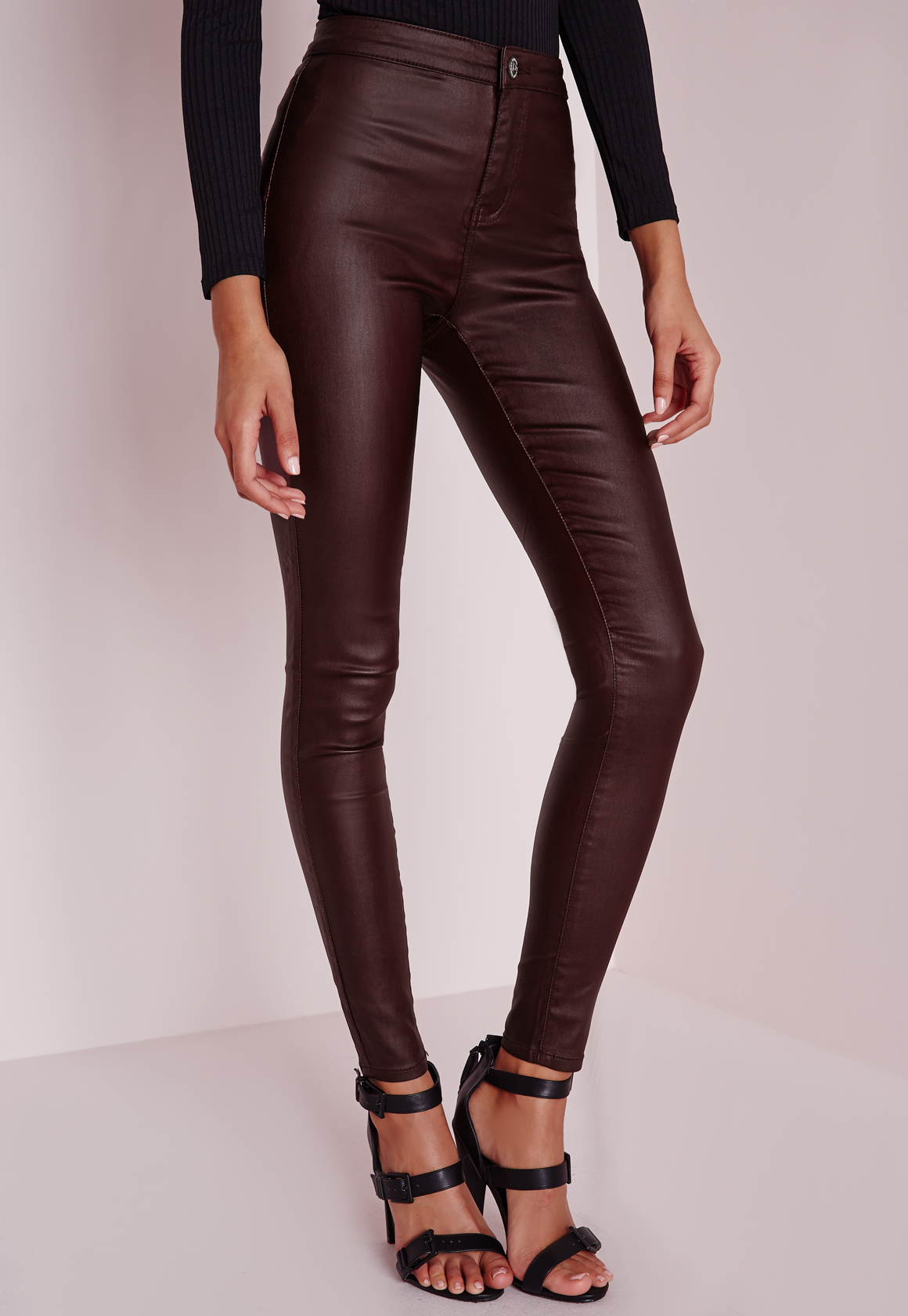 high waisted wet look jeans