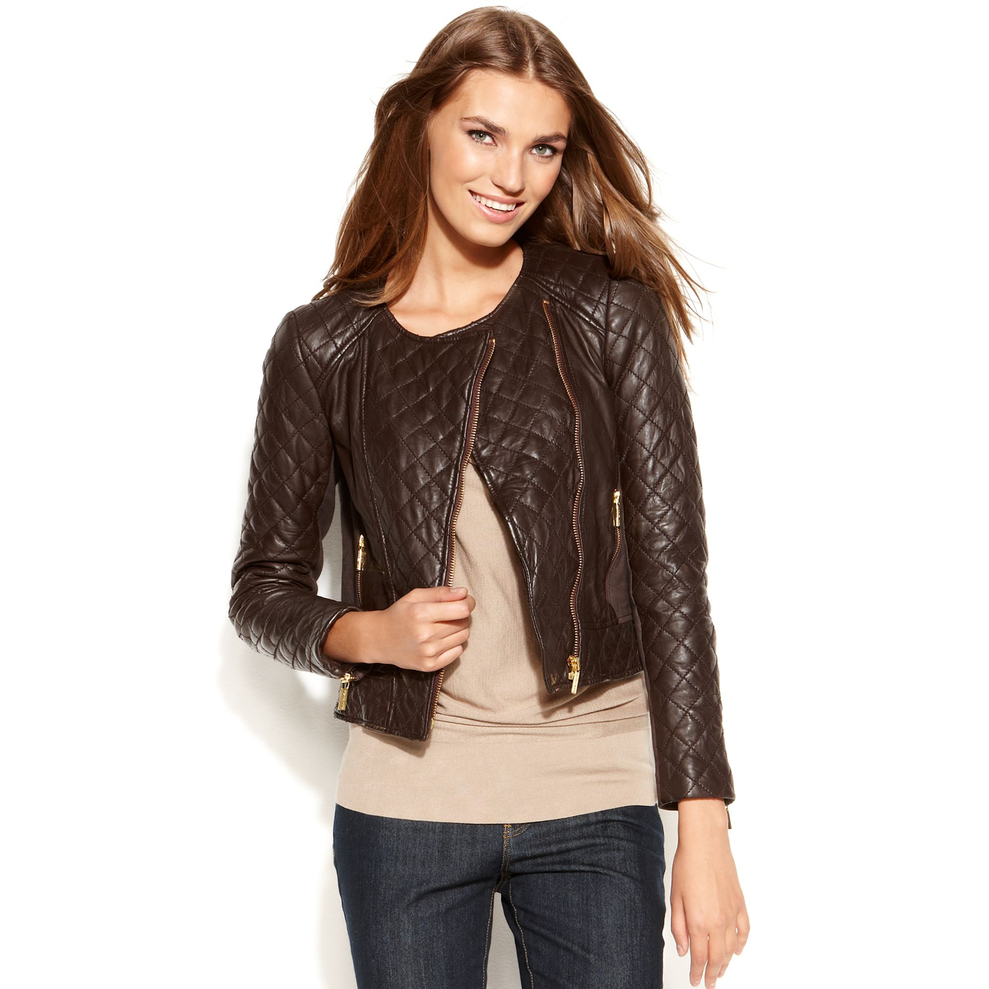 Michael Kors Brown Longsleeve Quilted Leather Moto Jacket