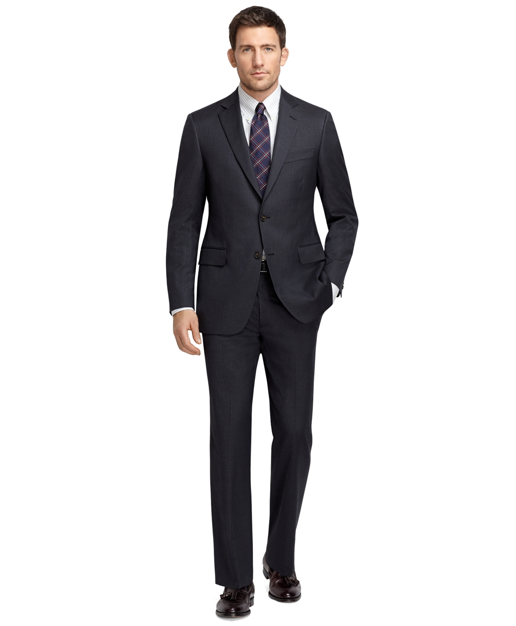 Brooks Brothers Madison Fit Charcoal with White and Blue Stripe Suit in ...