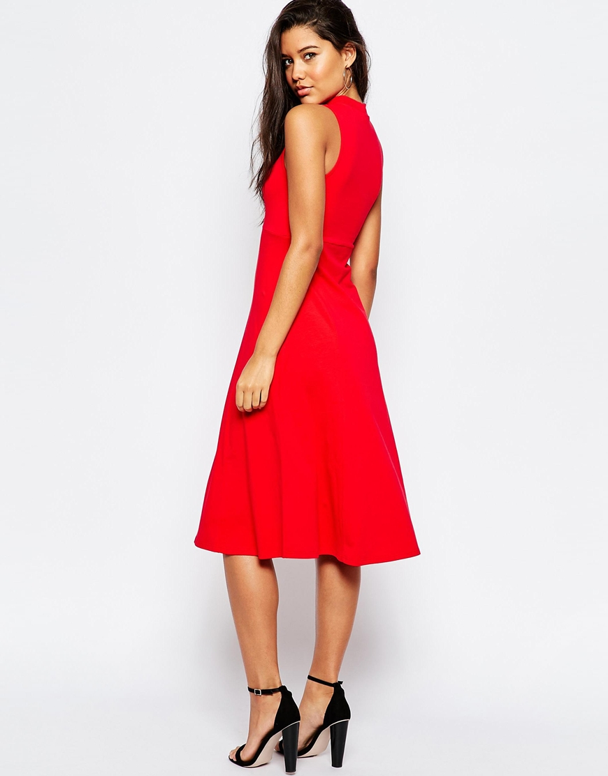  ASOS  Cotton Midi Skater Dress With High Neck in Red Lyst
