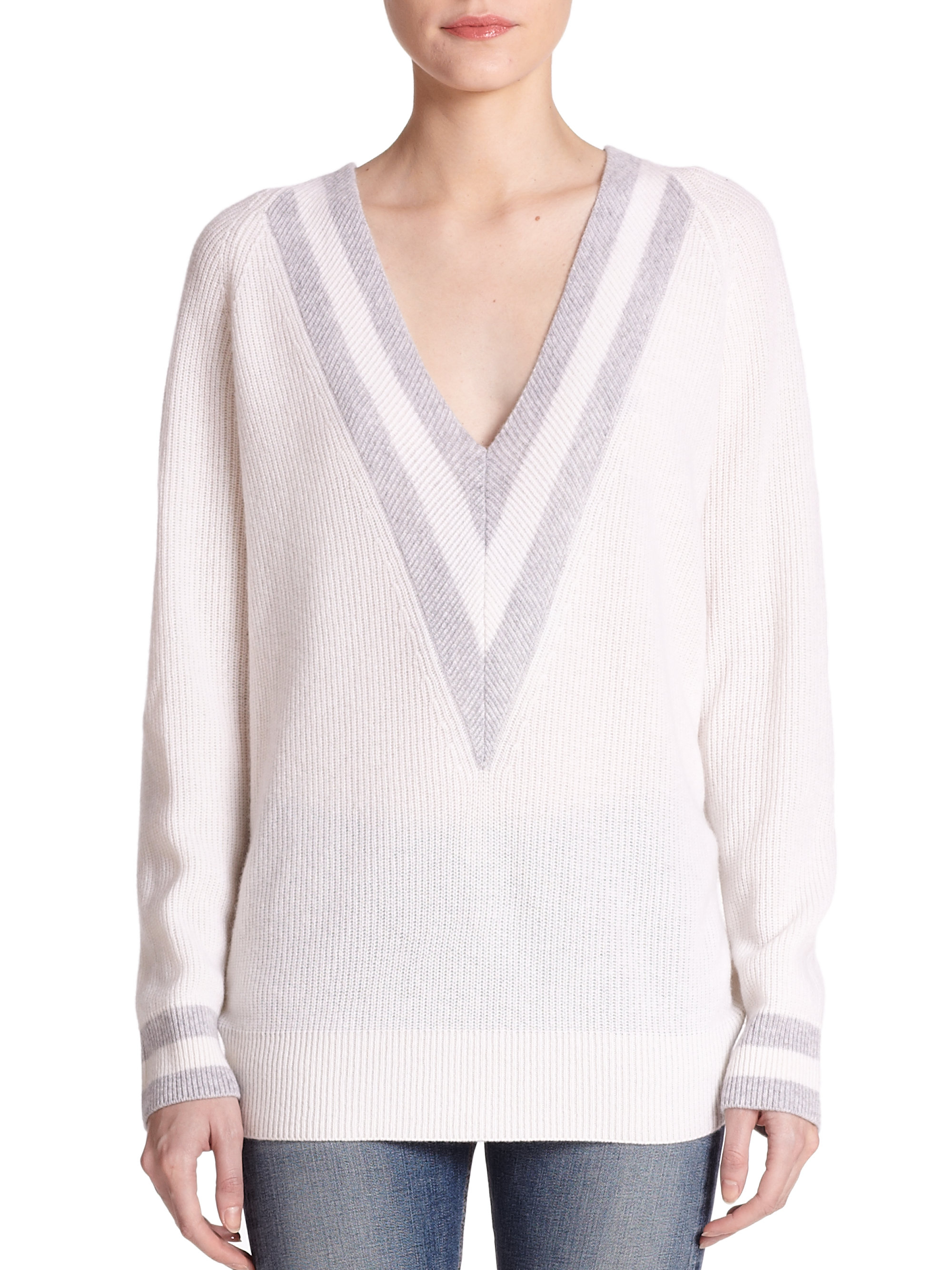 Lyst - Rag & Bone Talia Ribbed Cashmere Deep V-Neck Sweater in White